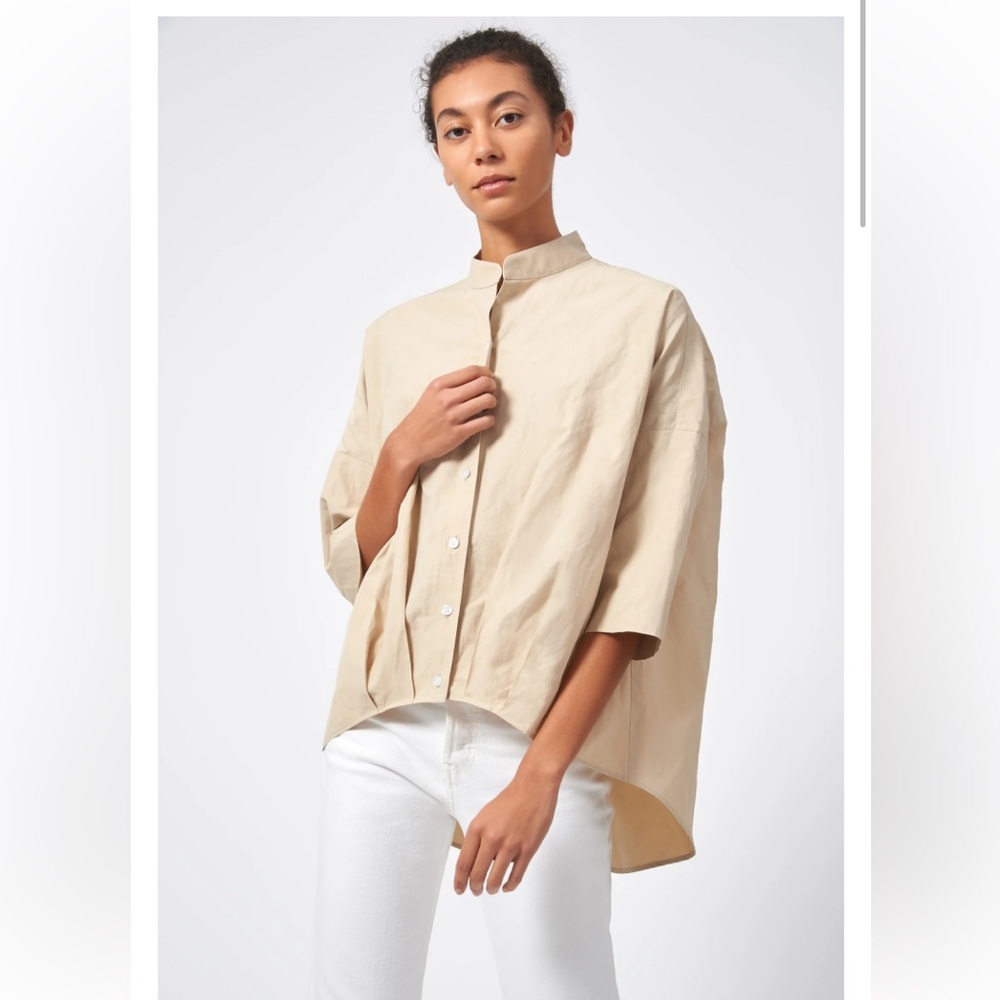 Relaxed Boxy Mandarin-Collar Button-Down Shirt — Beige